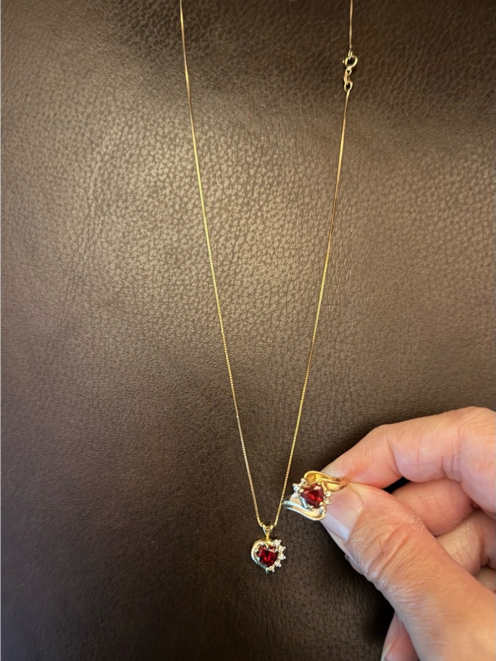 14k Gold Heart Pendant Necklace and Matching Ring w Garnet Gemstone & Diamonds